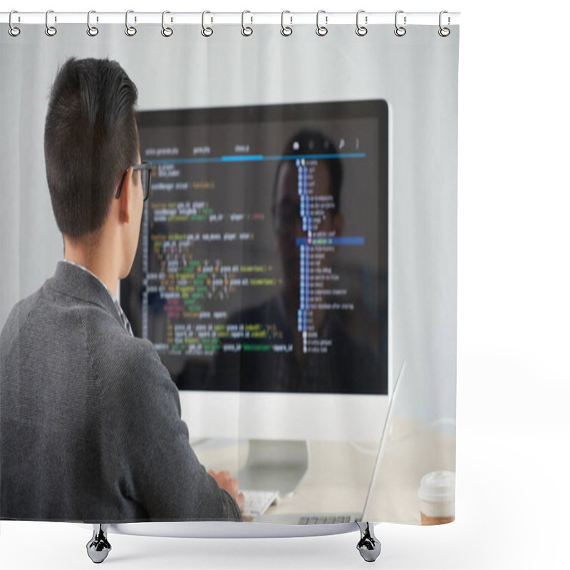 Personality  Rear View Of Young Programmer Sitting At The Table In Front Of Computer Monitor And Developing New Application At Office Shower Curtains