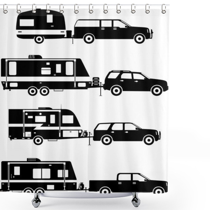 Personality  Set Of Different Silhouettes Travel Trailer Caravans On A White Background. Vector Illustration. Shower Curtains