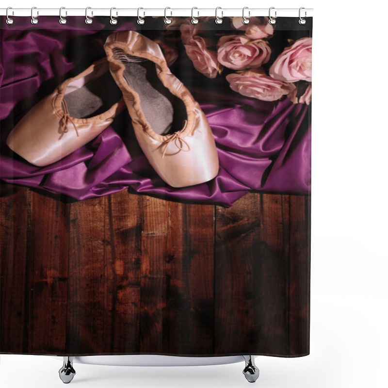 Personality  Ballet Pointe Shoes On Wooden Background Shower Curtains