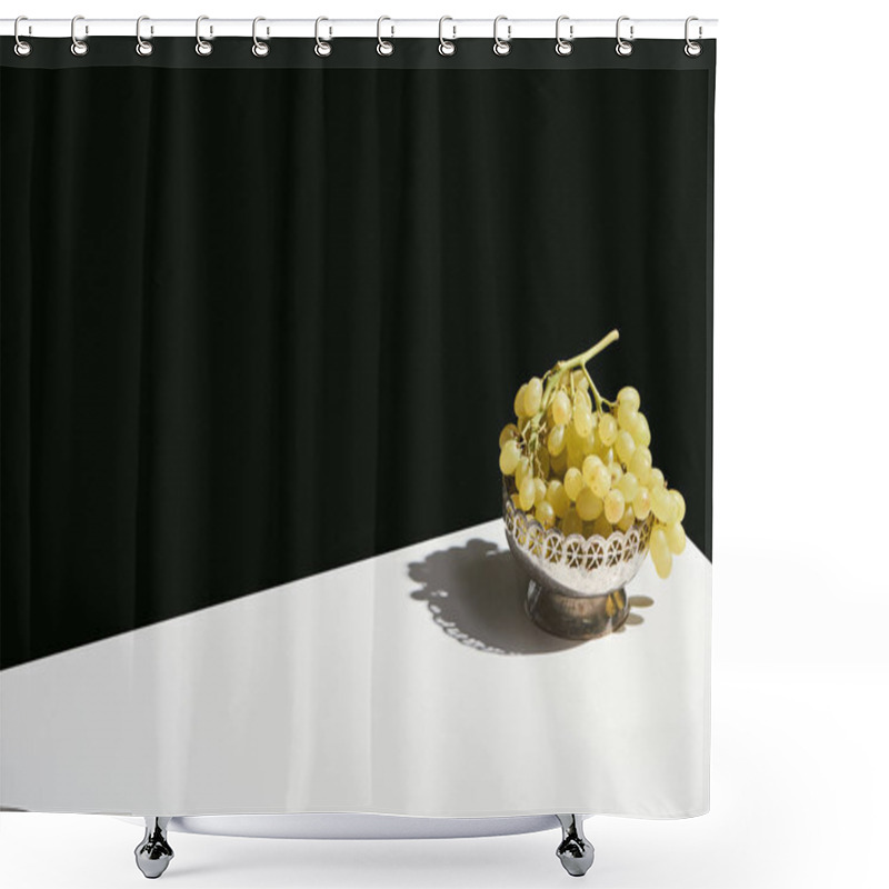 Personality  Classic Still Life With Grape In Silver Plate With Shadow On White Table Isolated On Black Shower Curtains