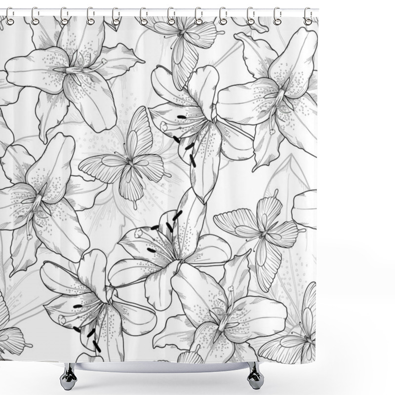 Personality  Beautiful Monochrome, Black And White Seamless Background With Lilies And Butterflies. Hand-drawn Contour Lines. Shower Curtains