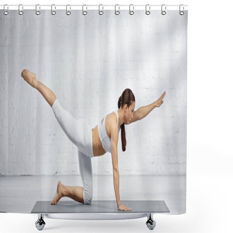 Personality  Side View Of Woman Doing Bird Dog Yoga Pose  Shower Curtains