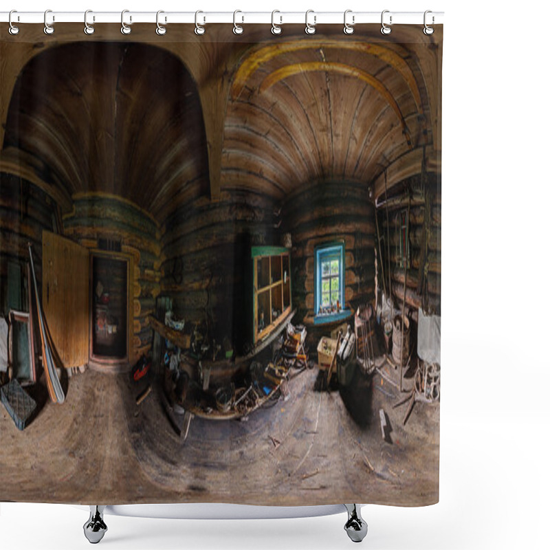 Personality  Workroom In Wooden House Interior Pano Shower Curtains