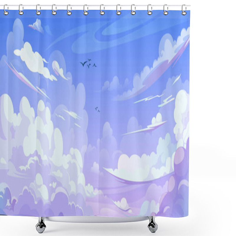 Personality  Anime Style Sky Background With Clouds. Vector Cartoon Illustration Of Beautiful Heavenly Cloudscape In Pink, Light Blue Gradient Colors, Birds Flying High, Cloudy Summer Day, Sunrise Or Sunset Design Shower Curtains