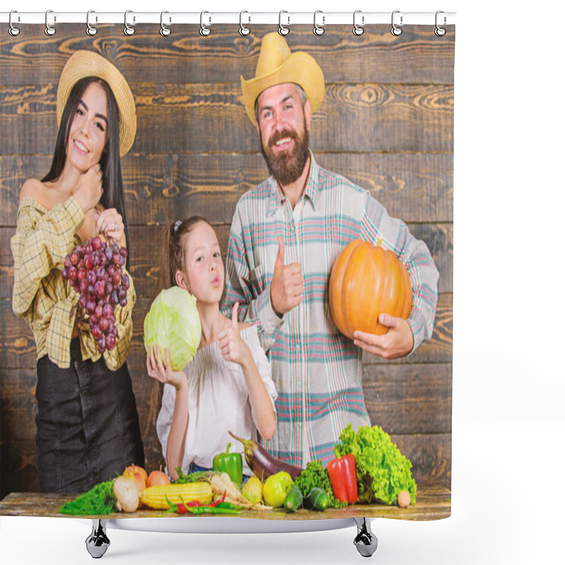 Personality  Parents And Daughter Celebrate Harvest Holiday Pumpkin Vegetables Fruits. Family Rustic Style Farmers Market With Fall Harvest. Harvest Festival Concept. Family Farmers With Harvest Wooden Background Shower Curtains