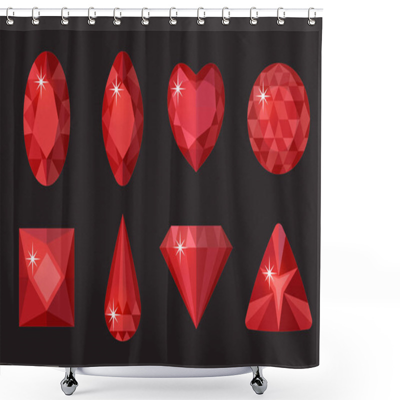 Personality  Red Gems Set. Jewelry, Crystals Collection Isolated On Black Background. Rubies, Diamonds Of Different Shapes, Cut. Colorful  Gemstones. Realistic, Cartoon Style. Vector Illustration, Clip Art Shower Curtains