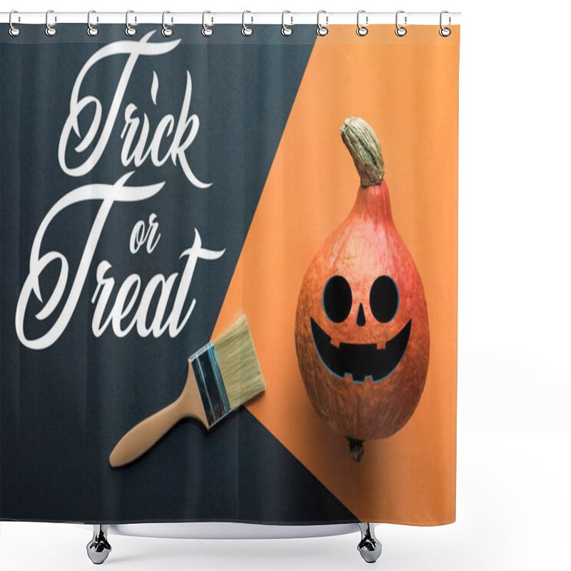 Personality  Top View Of Halloween Pumpkin Near Paintbrush On Black And Orange Background With Trick Or Treat Lettering Shower Curtains