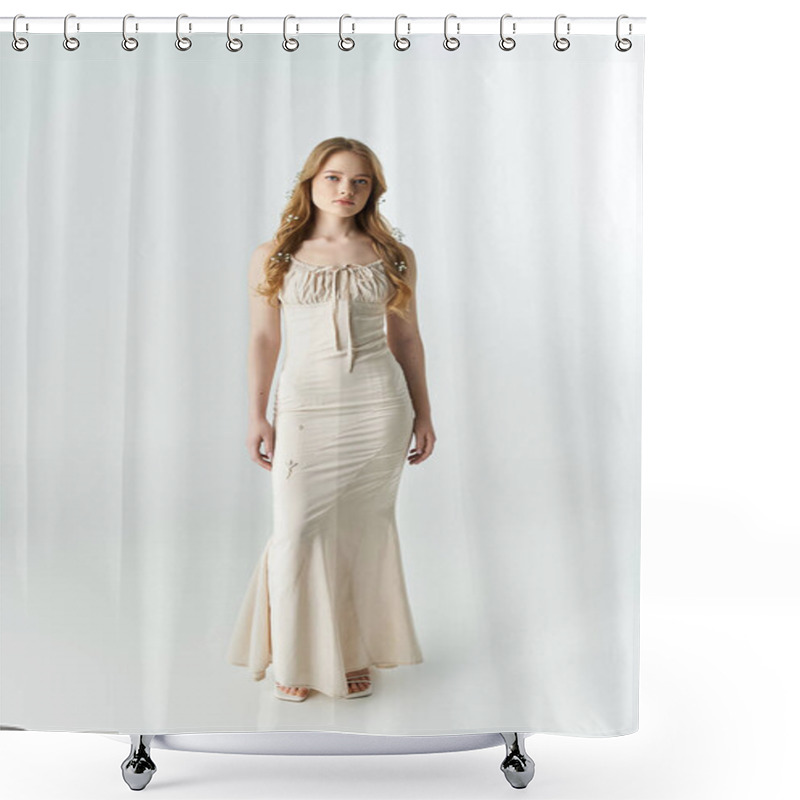 Personality  A Young Woman Gracefully Posing While Standing Amid Nature's Beauty. Shower Curtains