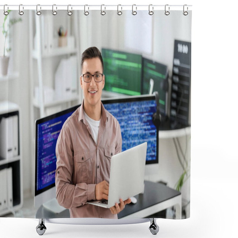 Personality  Portrait Of Male Programmer In Office Shower Curtains