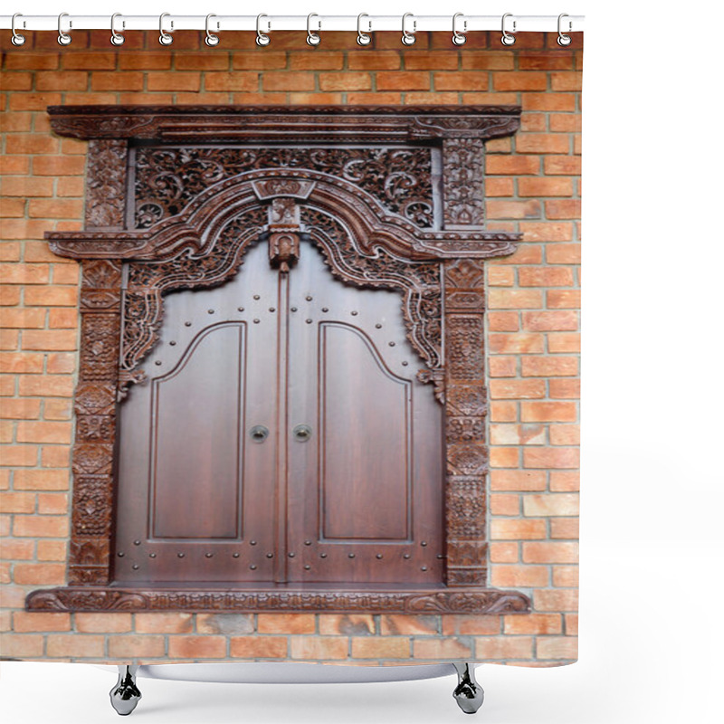 Personality  Wooden Window With Traditional Jepara Carving Ornaments Shower Curtains