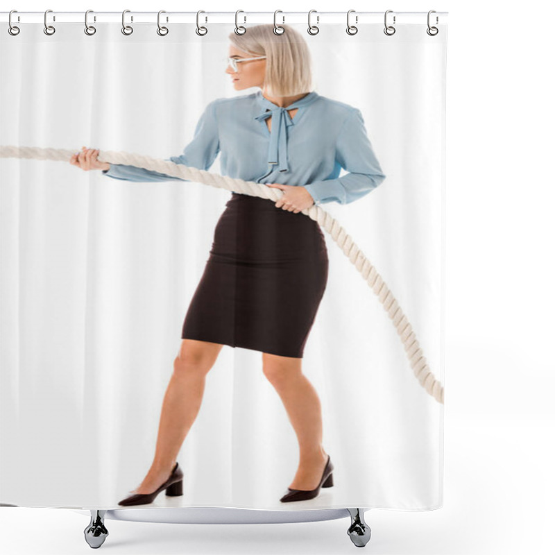 Personality  Concentrated Beautiful Businesswoman Pulling Rope Isolated On White Shower Curtains