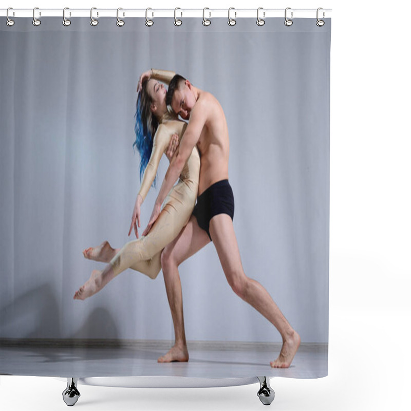 Personality  Acrobatic Couple Perform Number On A White Background. A Duet Of Gymnasts Rehearsing A Performance With Support. A Man And A Very Flexible Woman Are Dancing. Shower Curtains