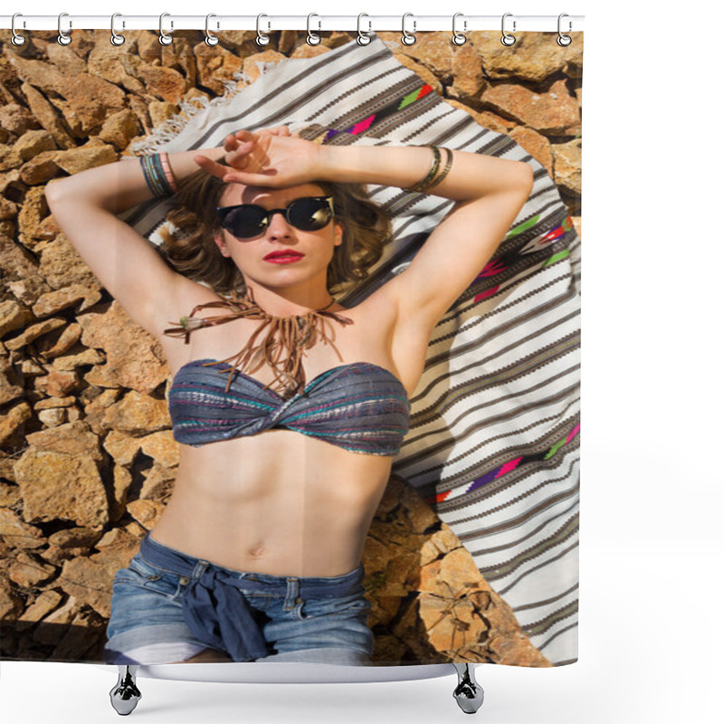 Personality  Beautiful Girl On A Stony Beach Shower Curtains