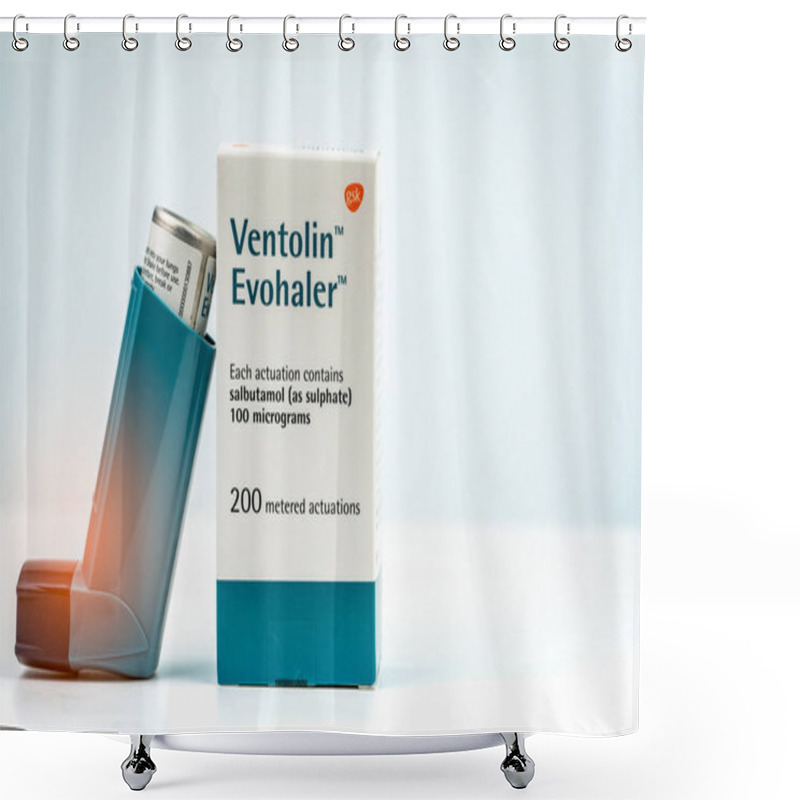 Personality  CHONBURI, THAILAND-JULY 29, 2018 : Ventolin Evohaler. Salbutamol Sulphate Asthma Inhaler Isolated On White Background. Bronchodilator Medicine.  Product Of GlaxoSmithKline. Made By Glaxo Wellcome. Shower Curtains