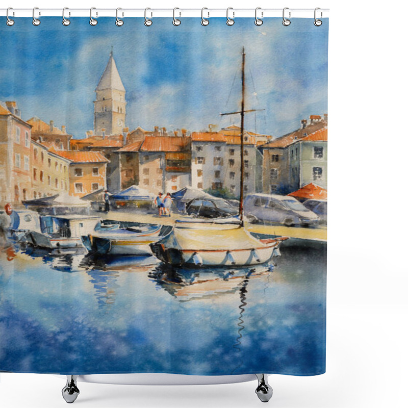 Personality  Beautiful View Of The City Of Piran, Slovenia And The Adriatic Sea. Picture Created With Watercolors. Shower Curtains