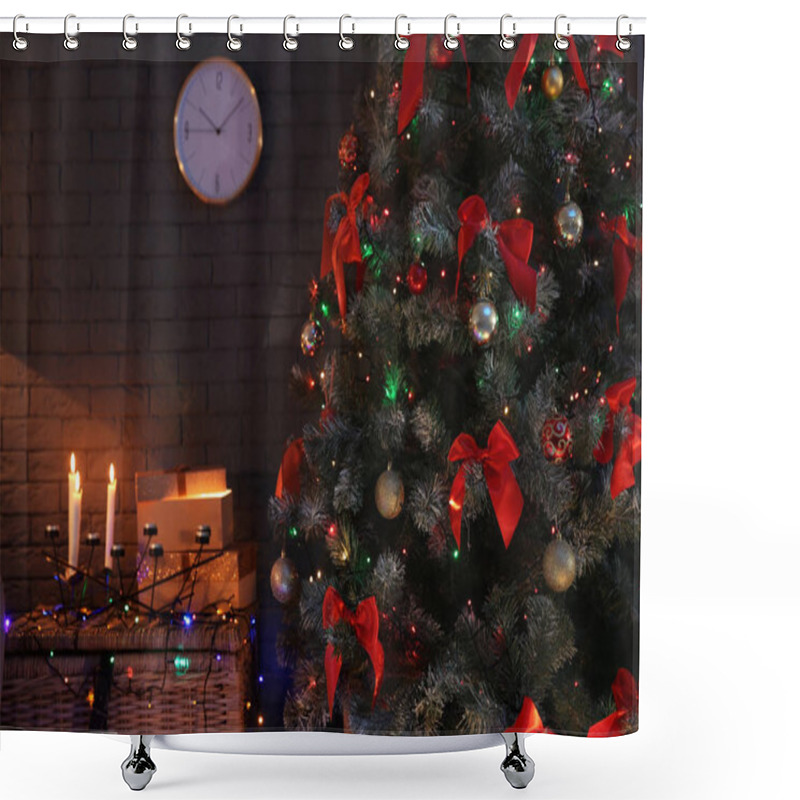 Personality  Christmas Tree With Beautiful Decorations And Glowing Lights Indoors. Stylish Room Interior Shower Curtains