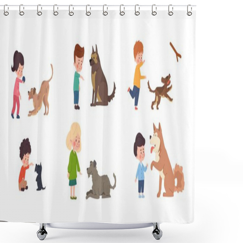 Personality  KIds Training And Playing With Dogs, Set Of Characters Flat Cartoon Vector Illustration Isolated On White Background. Happy Smiling Boys And Girls Training Their Pets. Shower Curtains