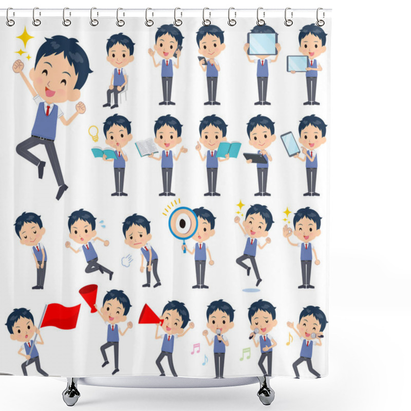 Personality  A Set Of School Boy With Digital Equipment Such As Smartphones.There Are Actions That Express Emotions.It's Vector Art So It's Easy To Edit. Shower Curtains