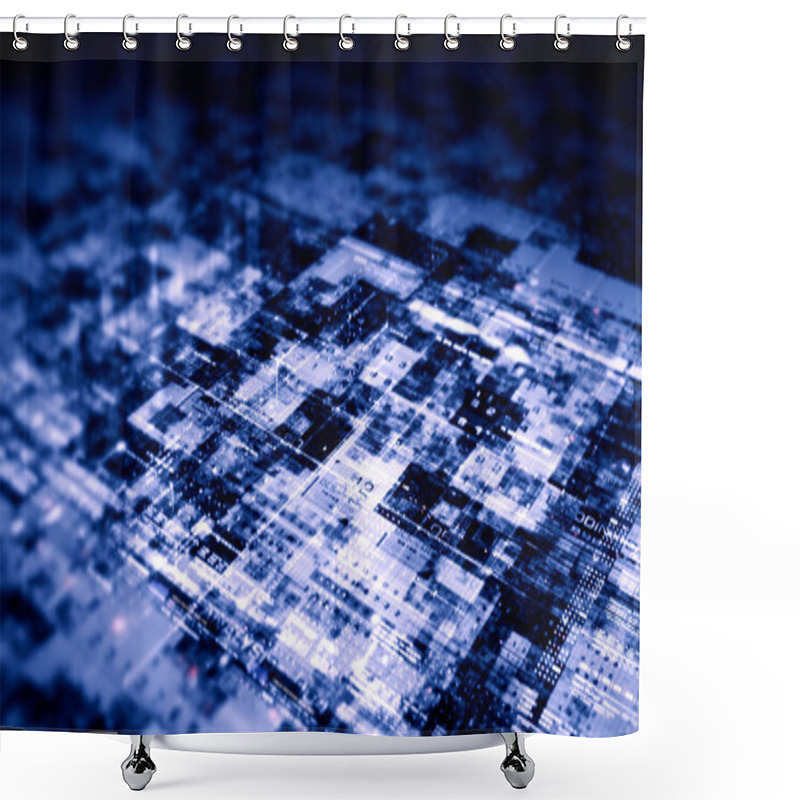 Personality  Futuristic Abstract De-focus Data Matrix, Meta, Metaverse, Telemetry And Encrypt Numbers Display With Particles Simulation In Cyber Space Environment For Head Up Display Background Shower Curtains