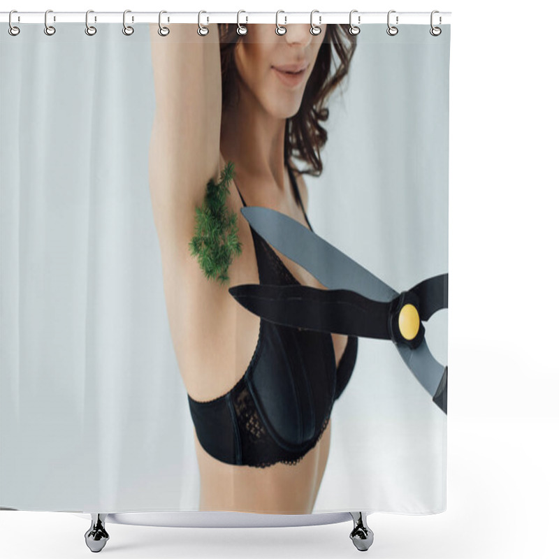 Personality  Cropped View Of Woman With Plant On Armpit And Big Scissors On Grey Shower Curtains