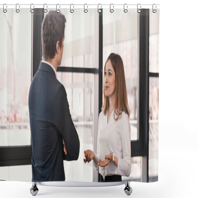 Personality  Surprised And Positive Woman Talking To Employer During Job Interview Shower Curtains