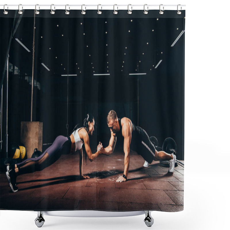 Personality  Athletic Sportsman And Sportswoman Doing Push Ups Together And Holding Hands In Dark Gym Shower Curtains