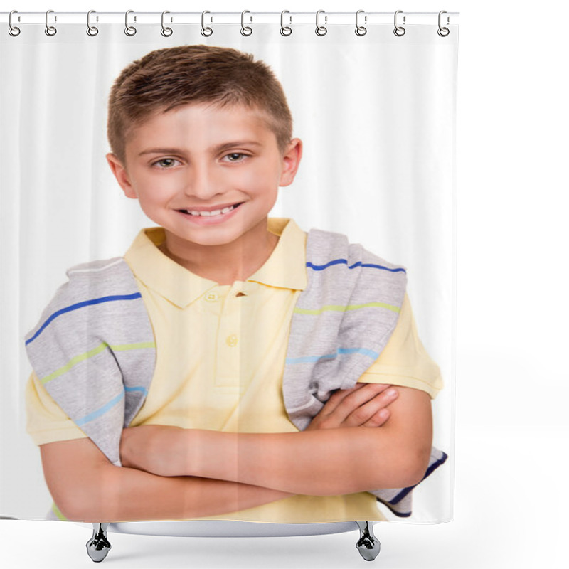 Personality  Boy Posing Over White Shower Curtains