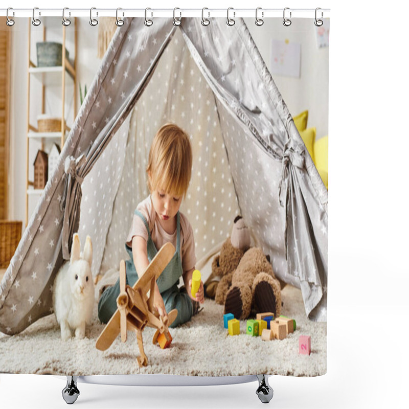 Personality  Toddler Girl Plays Happily With Toys Inside A Playful Tent At Home. Shower Curtains