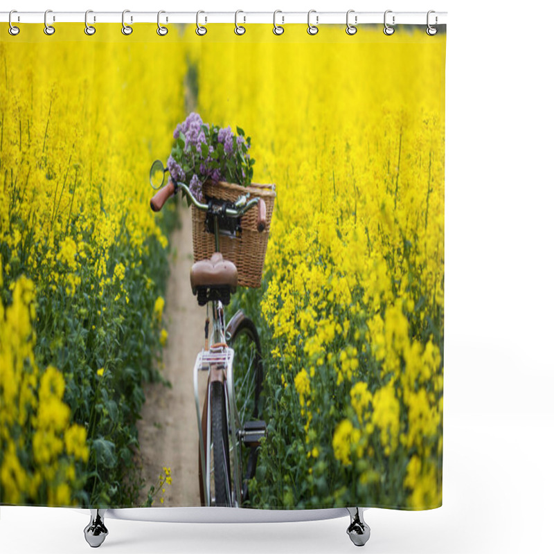 Personality  Vintage Bike With A Bouquet Of Lilac Flowers In The Wicker Basket In The Summer Blooming Rapeseed Field Shower Curtains