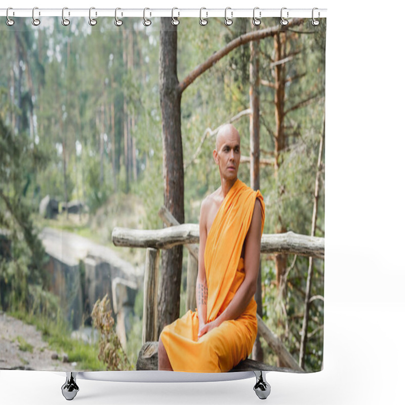 Personality  Buddhist Monk In Traditional Orange Robe Sitting On Log Bench In Forest Shower Curtains