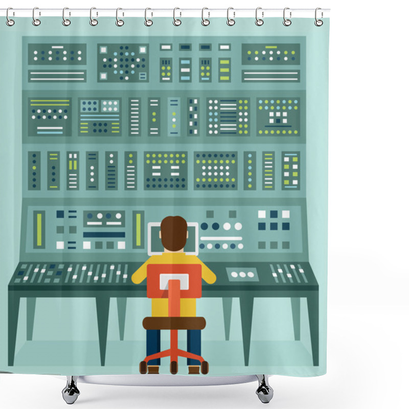 Personality  Flat Illustration Of Expert With Control Panel. Analytics And Management Shower Curtains