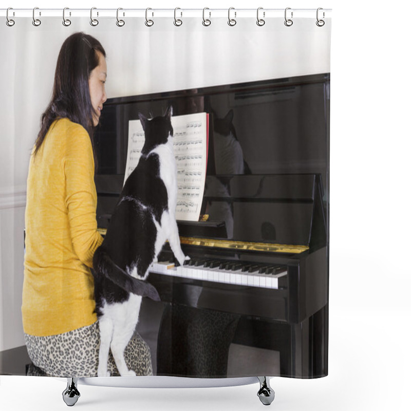 Personality  Mature Woman Playing Piano With Her Family Cat Shower Curtains