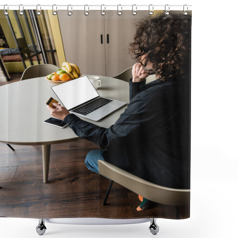 Personality  Back View Of Freelancer Holding Credit Card While Sitting At Laptop With White Screen, Smartphone And Fruits Shower Curtains