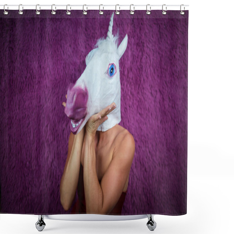 Personality  Freaky Young Woman In Comical Mask Stands On The Purple Background Shower Curtains