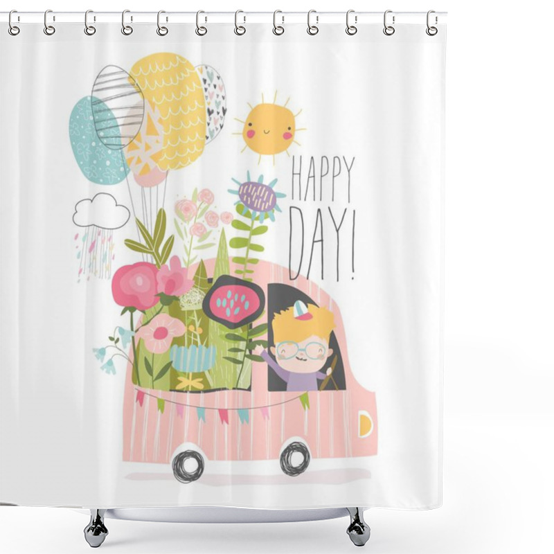 Personality  Little Boy Driving A Car With Flowers Shower Curtains