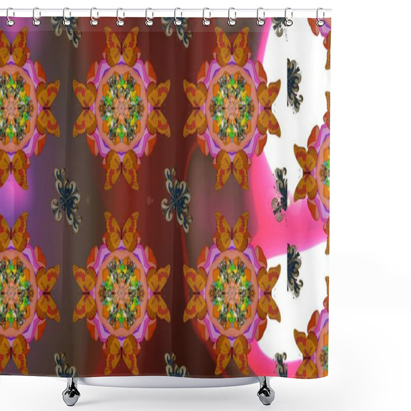 Personality  Sketch Floral Pattern In Raster Illustration. Colour Spring Theme Sketch Pattern Background. Flowers On Brown, Orange And Pink Colors. Flat Flower Elements Design. Shower Curtains