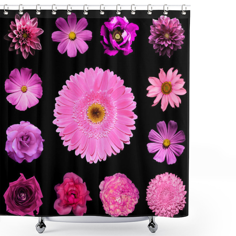 Personality  Mix Collage Square Styled Of Natural And Surreal Pink Flowers 13 In 1: Dahlia, Primula, Perennial Aster, Daisy Flower, Rose, Peon, Gerbera, Clove, Chrysanthemum Isolated On Black Shower Curtains