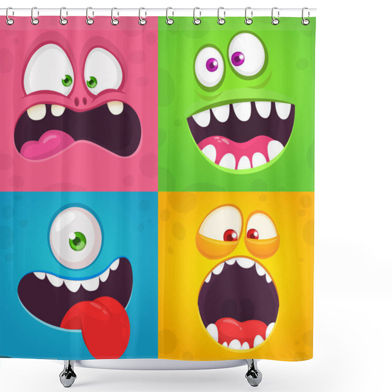 Personality  Cartoon Monster Faces Set. Vector Collection Of Four Halloween Monster Avatars With Different Face Expressions Shower Curtains