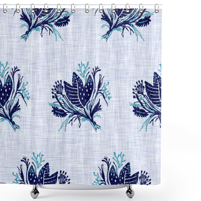 Personality  Cyanotypes Blue White Botanical Linen Texture. Faux Photographic Floral Sun Print Effect For Trendy Out Of Focus Fashion Swatch. Mono Print Flower In 2 Tone Color. High Resolution Repeat Tile.  Shower Curtains