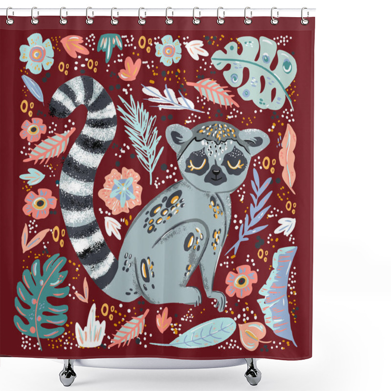 Personality  Lemur Cute Doodle Hand Drawn Flat Vector Illustration. Wild Rainforest Animal Vector Poster Floral Background.Grass Branches With Leaves, Flowers And Spots Design Element. Tropical Jungl Shower Curtains