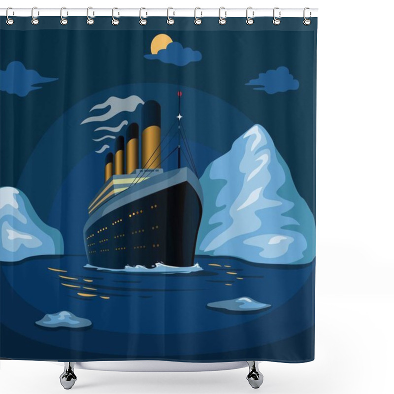 Personality  Titanic Cruise Ship Sail In Sea Iceberg In Night Scene Illustration In Cartoon Vector Shower Curtains