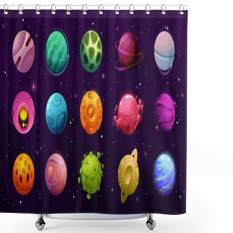 Personality  Space Planets, Cartoon Galaxy Universe Fantasy, Vector Icons On Sky Background. Space Game Planets And Flat Satellites With Meteor Craters And Orbit Rings, Exploration And Alien Spaceflight Mission Shower Curtains