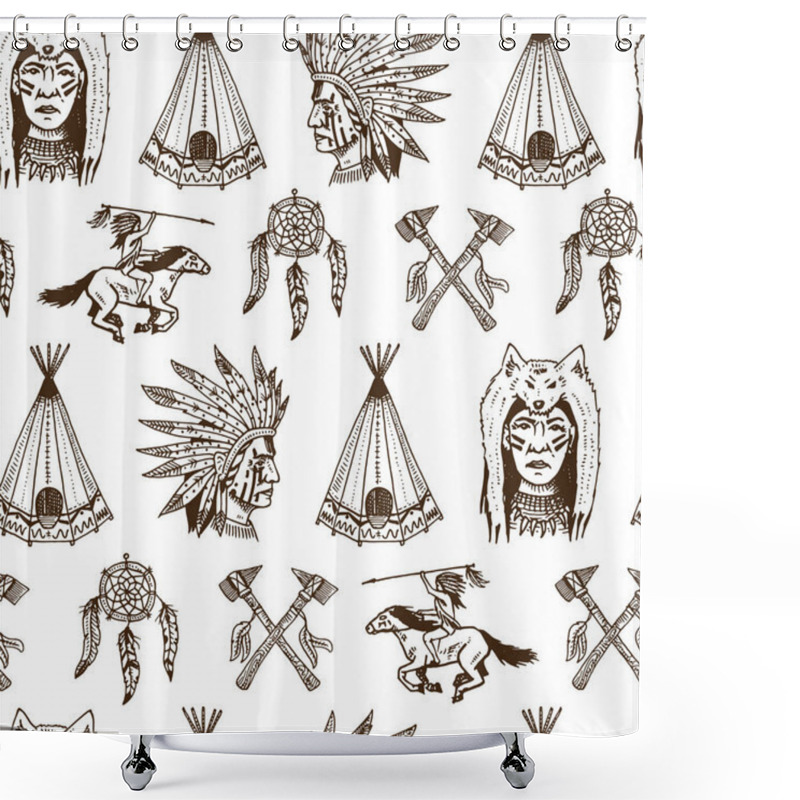 Personality  Indian Or Native American. Seamless Pattern. Axes And Tent, Dreamcatcher And Cherokee, Tomahawk. Set Of Engraved Vintage, Hand Drawn, Old, Labels Or Badges. Shower Curtains