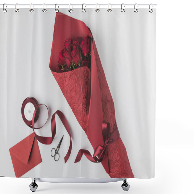 Personality  Flat Lay With Bouquet Of Roses, Ribbon And Envelope Isolated On White, St Valentines Day Holiday Concept Shower Curtains