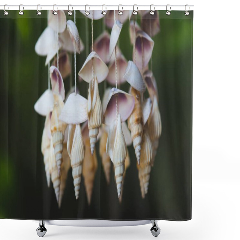 Personality  Close-up Shot Of Seashells Hanging On Threads On Dark Background Shower Curtains