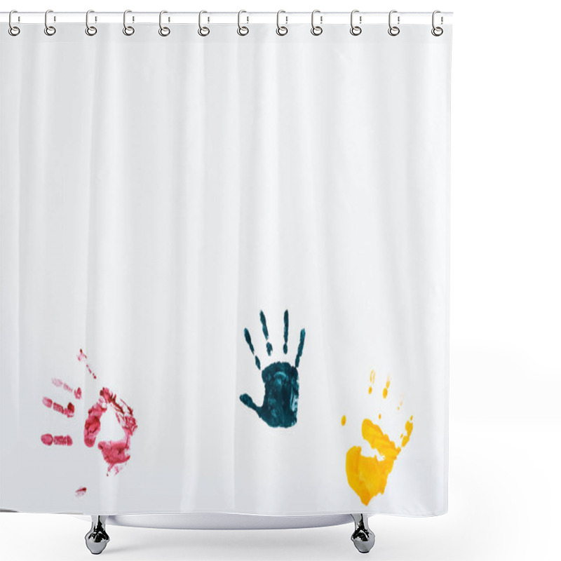 Personality  Blue, Red And Yellow Hand Prints On White  Shower Curtains