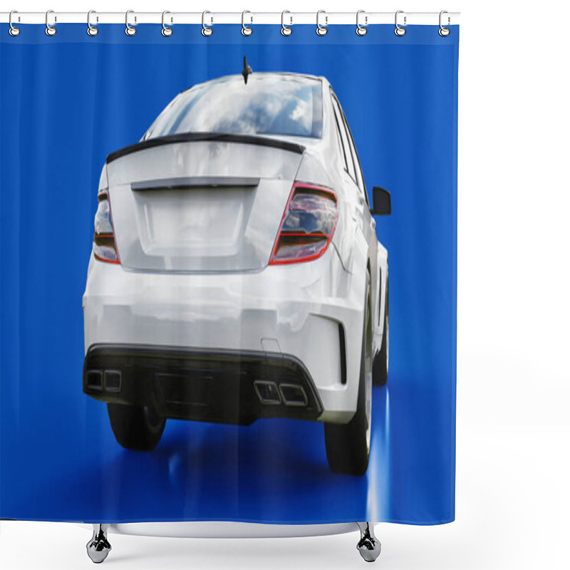 Personality  Super Fast White Sports Car On A Blue Background. Body Shape Sedan. Tuning Is A Version Of An Ordinary Family Car. 3d Rendering Shower Curtains