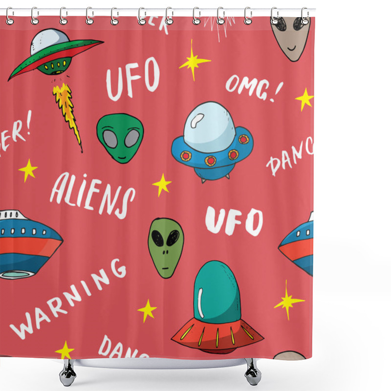 Personality  Ufo And Aliens Seamless Pattern. Cute Doodles Space Ships Sketch. Hand Drawn Cartoon Vector Illustration. Shower Curtains