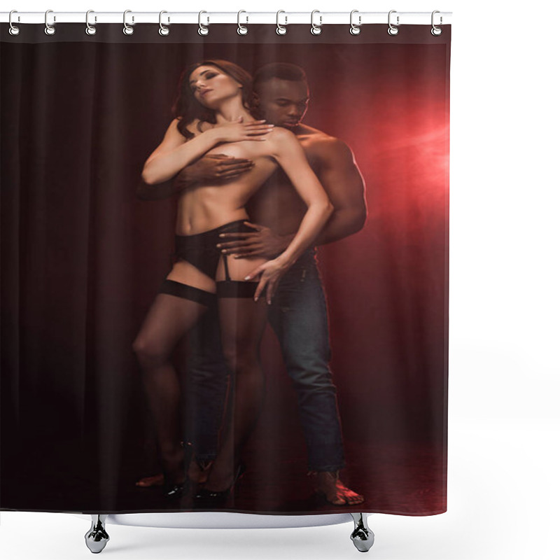 Personality  African American Man Embracing Beautiful Topless Woman On Dark With Red Light Shower Curtains