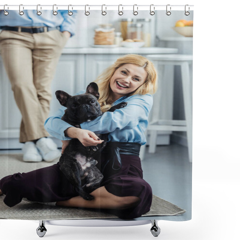 Personality  Man Standing By Happy Woman Hugging French Bulldog On Kitchen Floor Shower Curtains